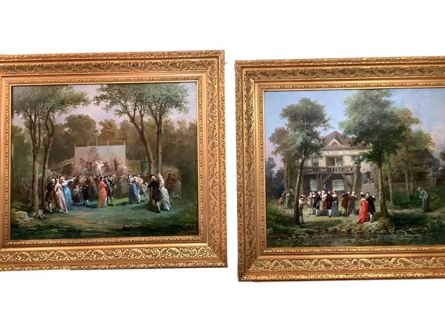 Pair Of Painting By Léonard Saurfelt (end Of 19th Century) Animated Park Scene