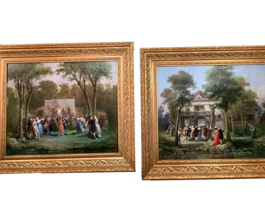 Pair Of Painting By Léonard Saurfelt (end Of 19th Century) Animated Park Scene