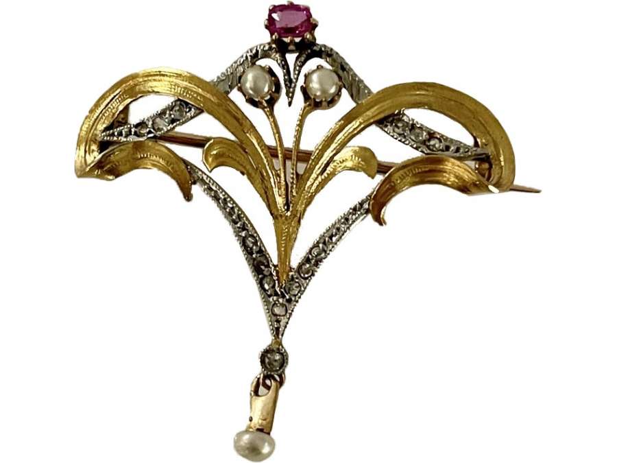 Art Nouveau Ruby, Diamonds And Fine Pearls Brooch Pendant