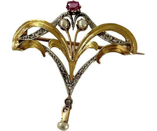 Art Nouveau Ruby, Diamonds And Fine Pearls Brooch Pendant