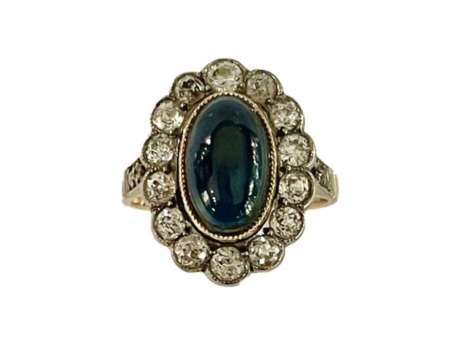Art-deco Ring, Adorned With A Sapphire And Diamonds