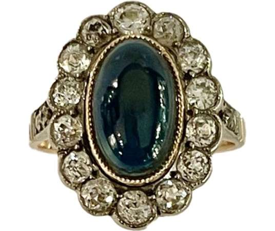Art-deco Ring, Adorned With A Sapphire And Diamonds