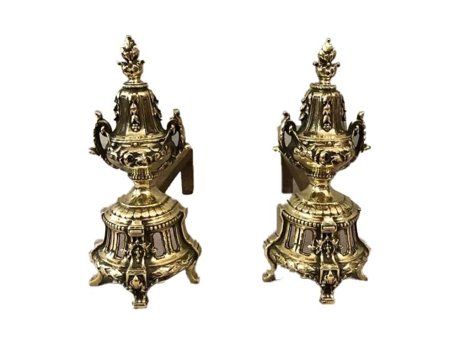 Paire de chenets anciens en bronze d'époque 19 ème de style Louis XVI