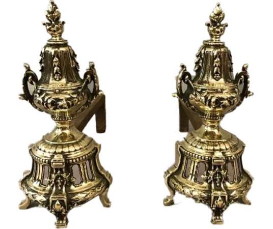 Paire de chenets anciens en bronze d'époque 19 ème de style Louis XVI
