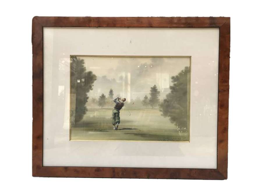 Gravure d’un homme pratiquant du golf d’époque 20 ème