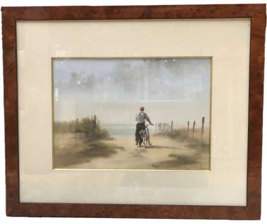 Gravure d’une balade à bicyclette 20 ème