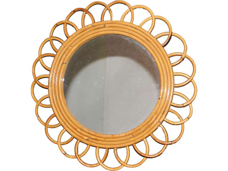Vintage 1960’s Rattan and Bamboo Round Wall Mirror by Franco Albini