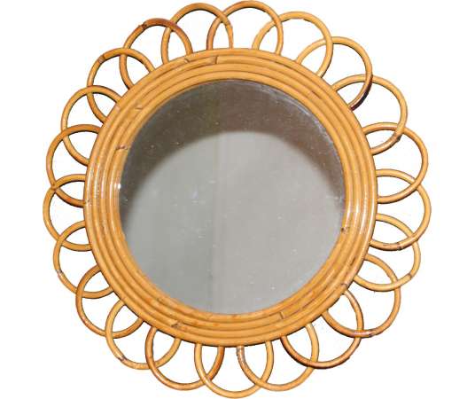 Vintage 1960’s Rattan and Bamboo Round Wall Mirror