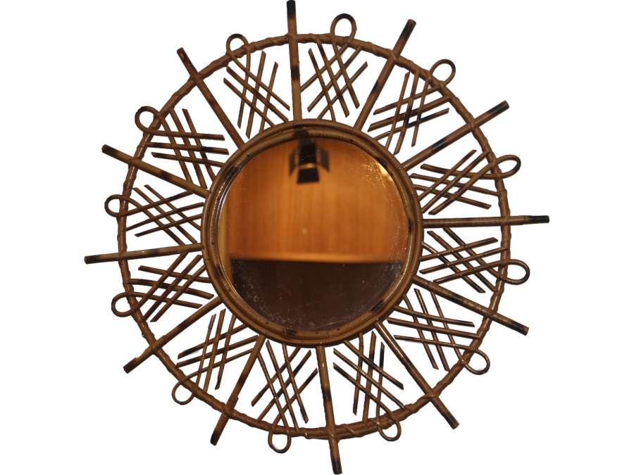 Vintage 1960’s -1970’s Rattan and Bamboo Round Wall Mirror by Franco Albini