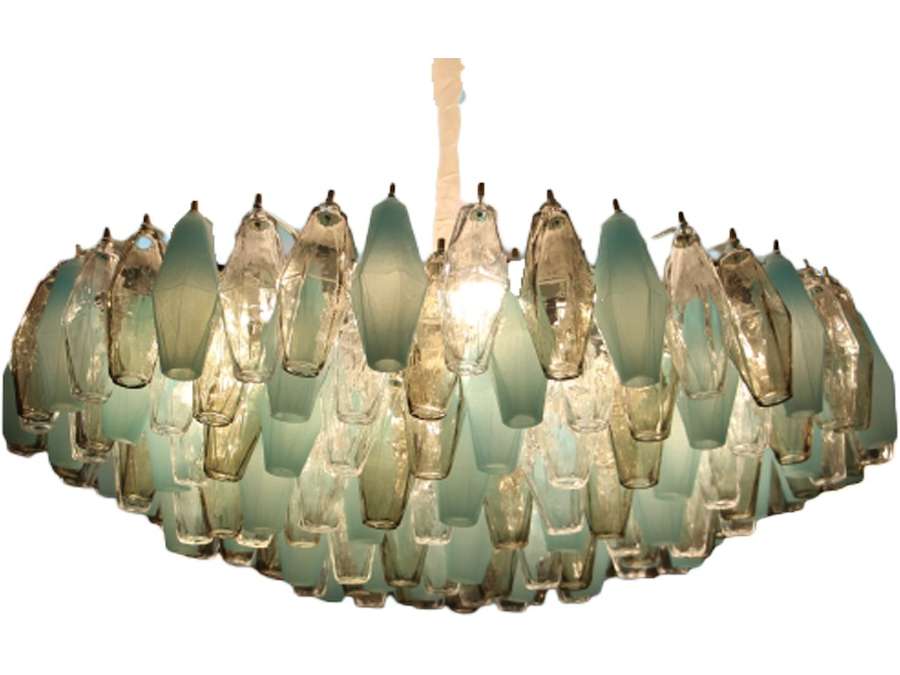 Mid Century Round Venini Style Chandelier in Blue, Amber and White Poliedri