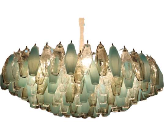 Mid Century Round Venini Style Chandelier in Blue, Amber and White Poliedri