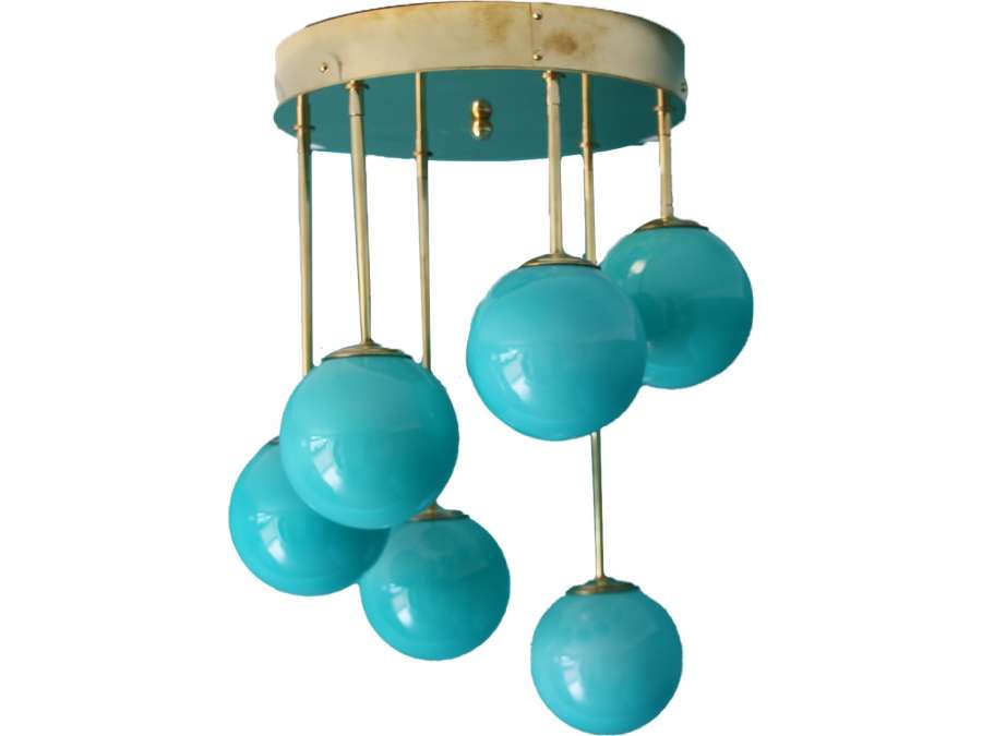 Short Mid Century Chandelier in Brass and Turquoise Blue Murano Glass Globes ,6 Lights
