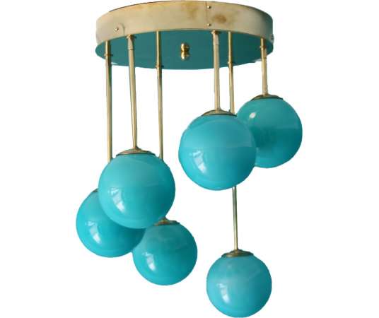 Short Mid Century Chandelier in Brass and Turquoise Blue Murano Glass Globes ,6 Lights