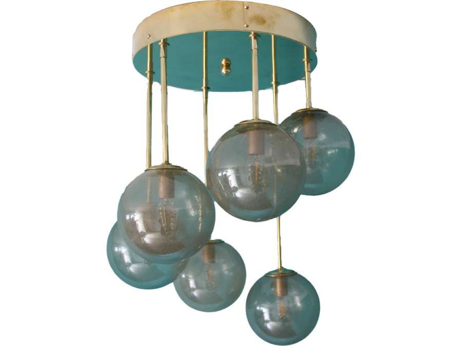 Mid-century design chandelier in brass and golden Murano glass globes
