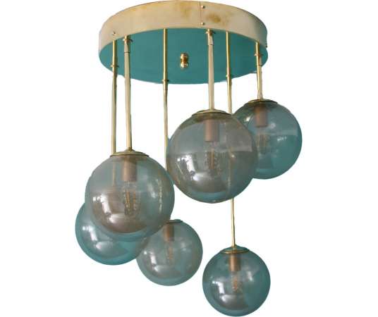 Mid-century design chandelier in brass and golden Murano glass globes