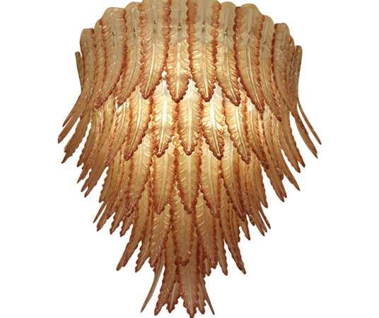 Coral Red and Champagne Color Italian Murano Five-Tier Glass Chandelier