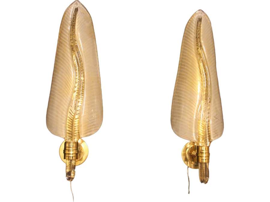 Pair of Golden Murano Glass Sconces, Leaf Shape Wall Lights, Barovier Style