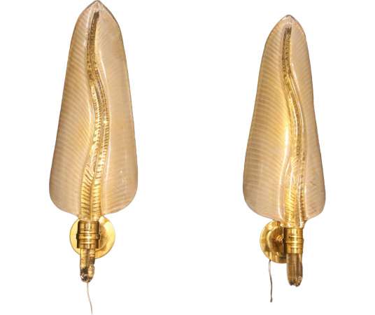 Pair of Golden Murano Glass Sconces, Leaf Shape Wall Lights, Barovier Style