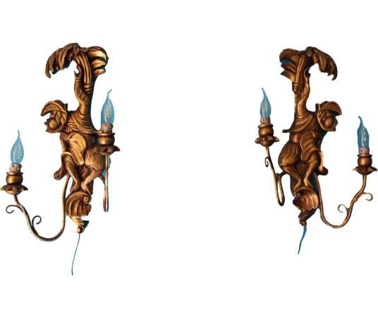 Opposing Pair of Wood Sconces Featuring Monkeys, Animals Decorated Wall Lights