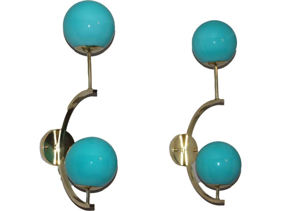 Italian Modern Midcentury Pair of Brass and Turquoise Blue Glass Sconces