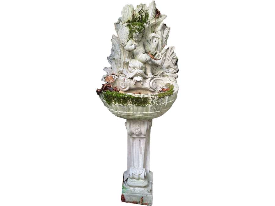 PRETTY OUTDOOR FOUNTAIN IN RECONSTITUTED STONE IN THE LOUIS XV STYLE DECORATED WITH A CHILD...