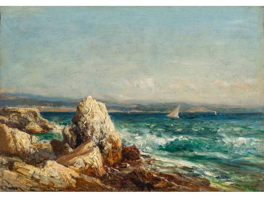 Luc Raphaël PONSON (1835-1904) Rochers en Méditerranée .