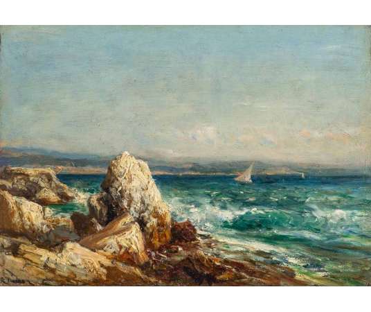 Luc Raphaël PONSON (1835-1904) Rochers en Méditerranée .