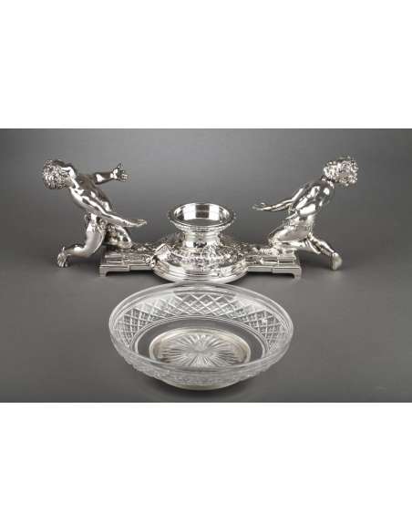Centre de table en bronze argenté et coupe en cristal XIXe - Orfèvre CHRISTOFLE --Bozaart