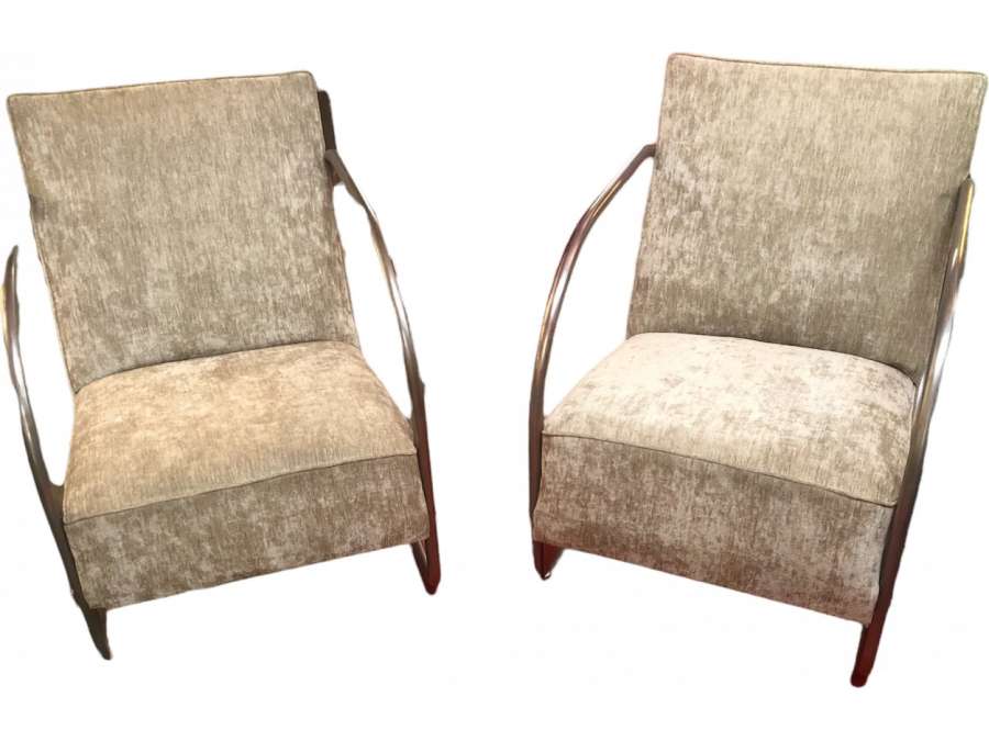 Pair of modernist armchairs + in suspended steel and velvet