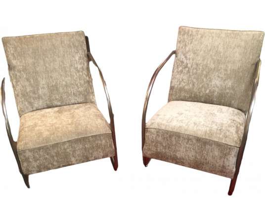 Pair of modernist armchairs + in suspended steel and velvet