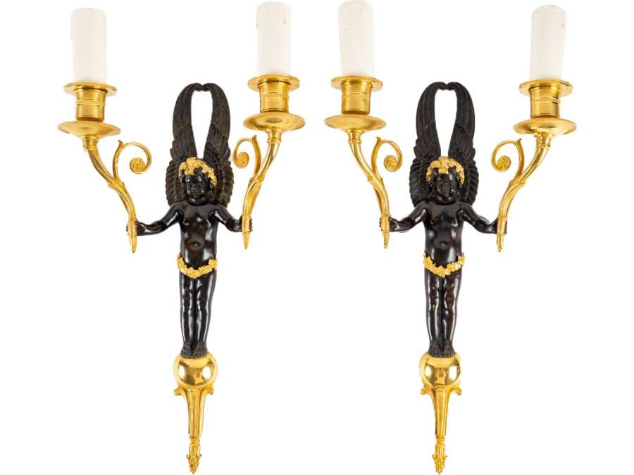 A Napoleon III Period (1852 - 1870) Pair of Wall - Lights in 1st Empire Style. 19th century.