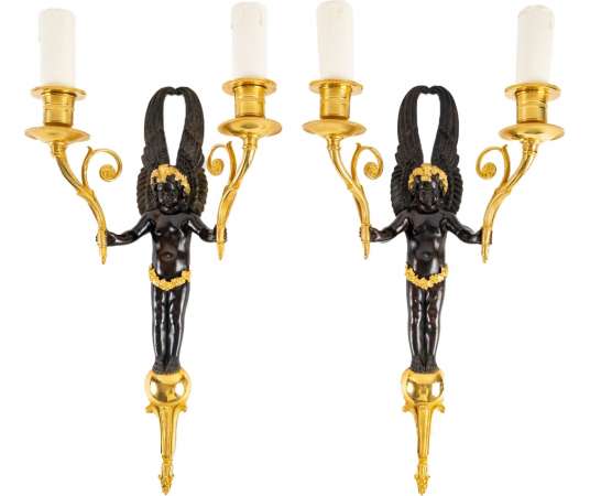 A Napoleon III Period (1852 - 1870) Pair of Wall - Lights in 1st Empire Style. 19th century.