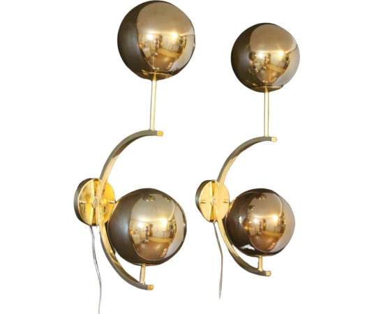 Italian Modern Midcentury Pair of Brass and Gold Mercurised Glass Sconces