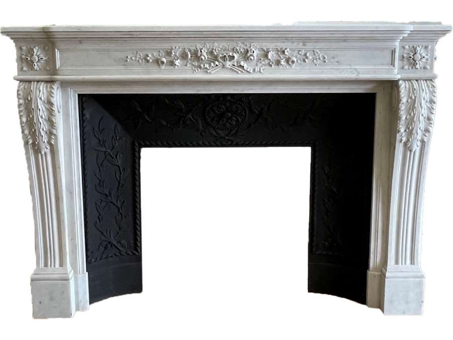 Beautiful and fine old Louis XVI style fireplace, sculpted band of an olive branch and roses.