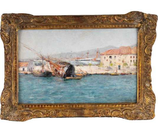 François NARDI ( 1861 – 1936) Le radoubage du navire dans la rade de Toulon.