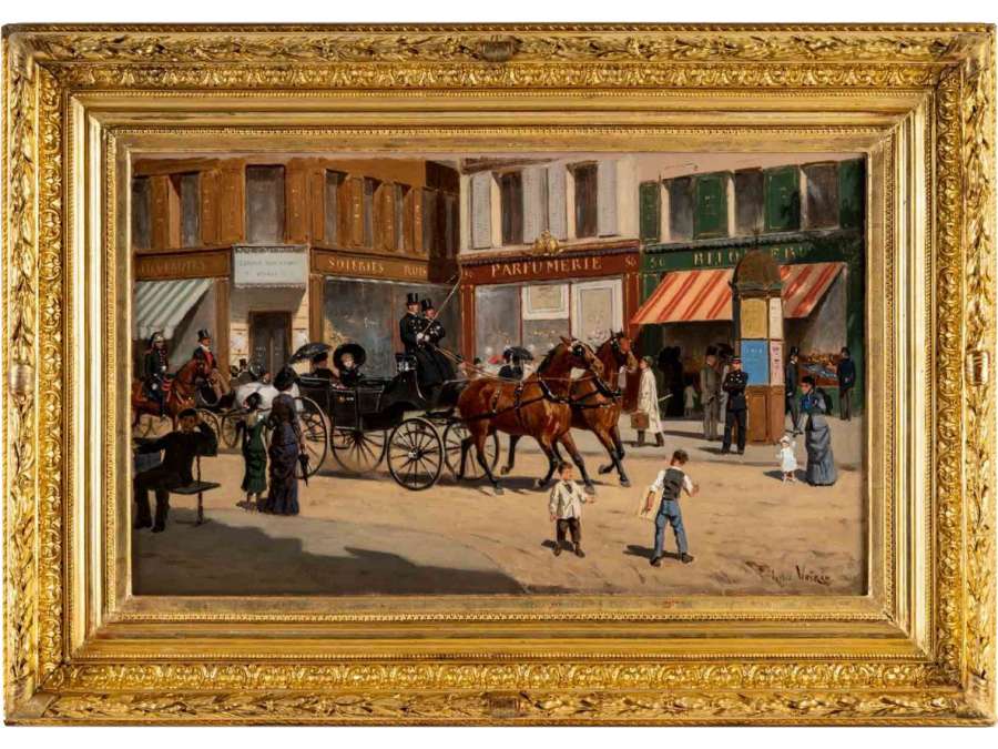 Jules, Antoine VOIRIN ( 1833 - 1898 ) Lively street scene in Paris - Circa 1880