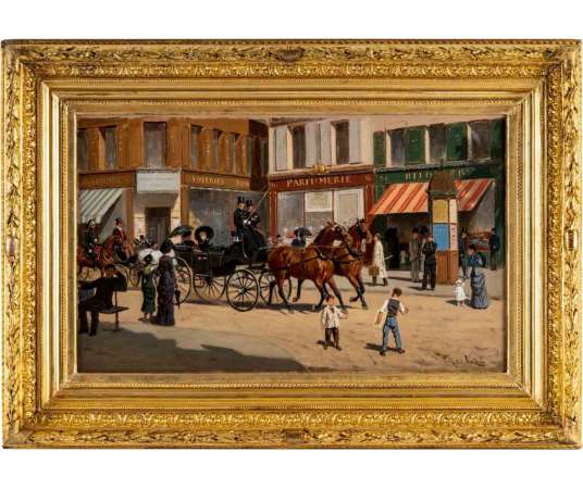 Jules, Antoine VOIRIN ( 1833 - 1898 ) Lively street scene in Paris - Circa 1880