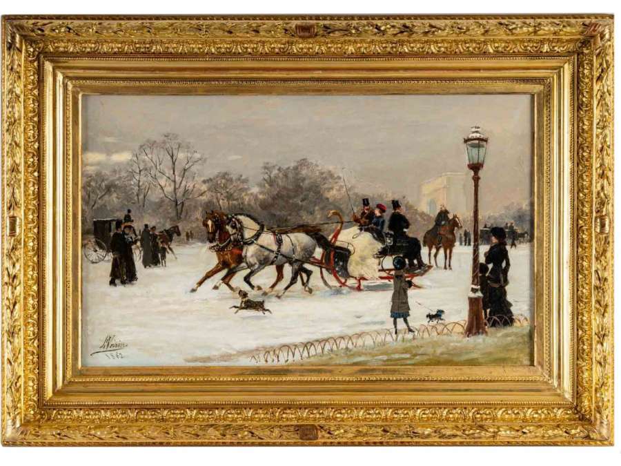 Léon, Joseph VOIRIN (1833 – 1887) Le traineau, jour d’hiver à Paris autour de la place de l’Etoile, 1882.