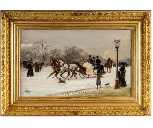 Léon, Joseph VOIRIN (1833 – 1887) Le traineau, jour d’hiver à Paris autour de la place de...