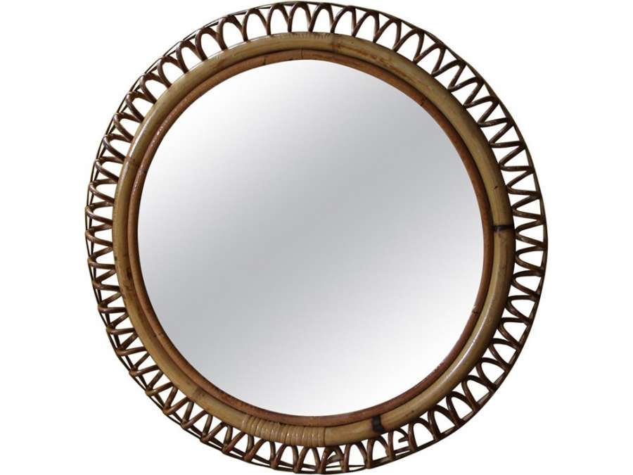 Vintage 1960s Rattan and Bamboo Round Wall-Mirror by Franco Albini