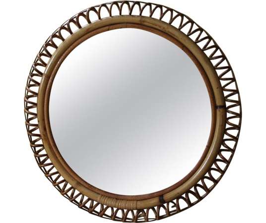 Vintage 1960s Rattan and Bamboo Round Wall-Mirror by Franco Albini