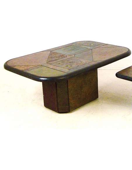 Table Basse vintage en marqueterie de pierre et laiton du 20ème siècle-Bozaart