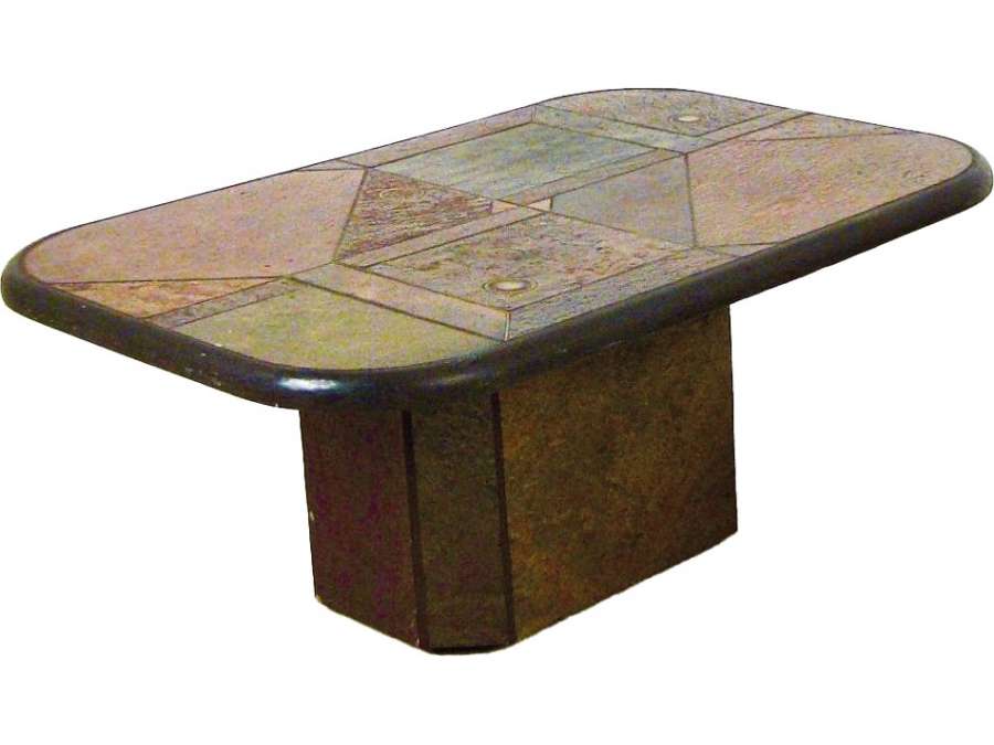 Vintage coffee table in stone and brass marquetry+ from the 20th century