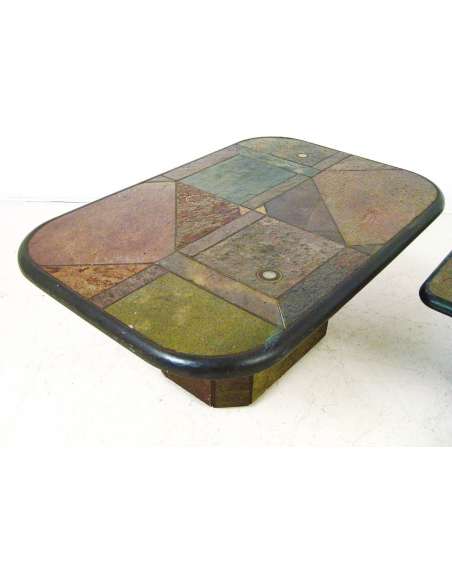 Table Basse vintage en marqueterie de pierre et laiton du 20ème siècle-Bozaart