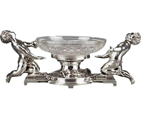 GOLDSMITH CHRISTOFLE - CENTERPIECE IN SILVERED BRONZE AND 19TH CRYSTAL