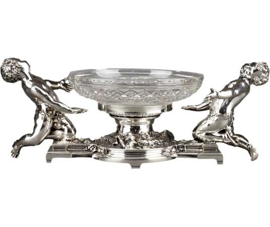 GOLDSMITH CHRISTOFLE - CENTERPIECE IN SILVERY BRONZE AND 19TH CRYSTAL