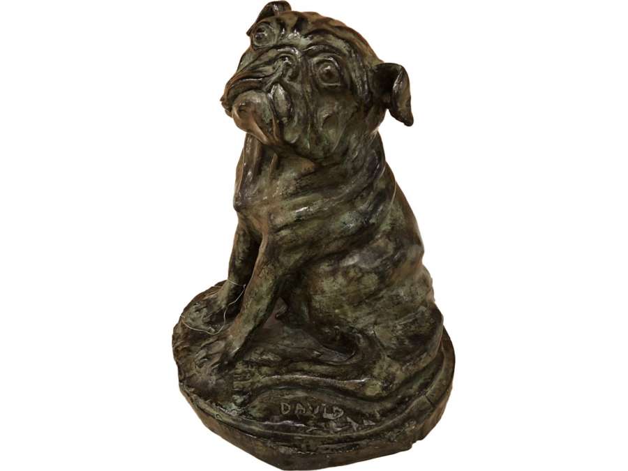 Vintage sculpture chien carlin en bronze du 20ème siècle