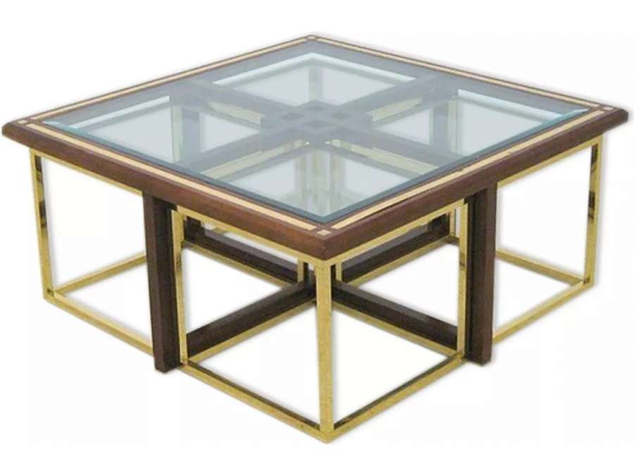 70's Wood and Brass Coffee Table