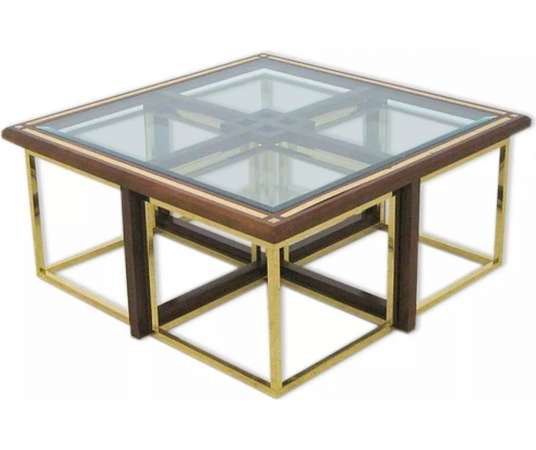 70's Wood and Brass Coffee Table