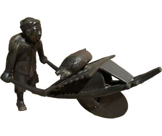 Sculpture of an Asian Pushing a Wheelbarrow 19th Century